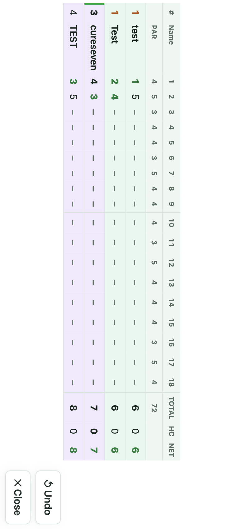 Full-screen rotated scoreboard view optimized for reading on a phone