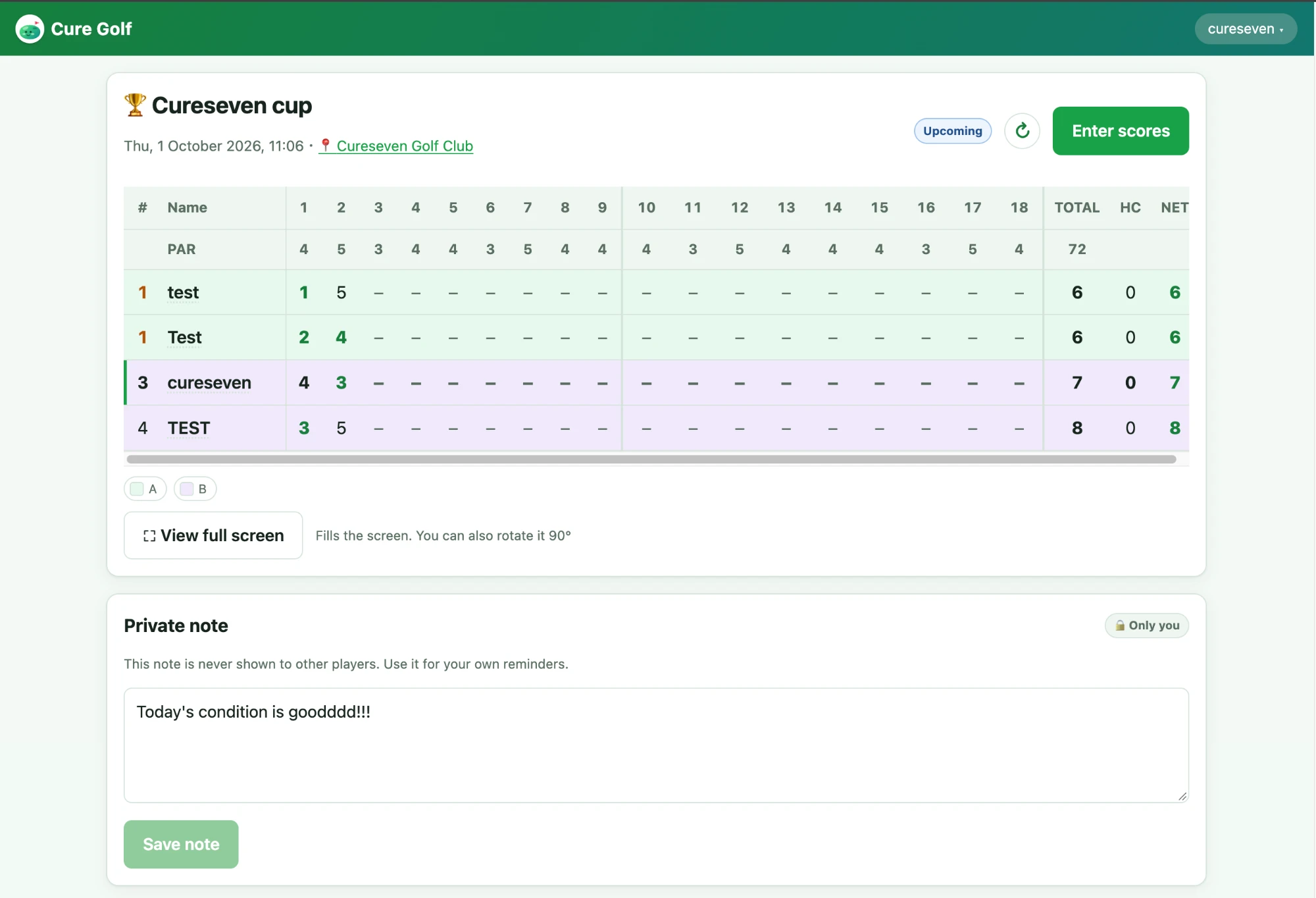 Cure Golf scoreboard on desktop